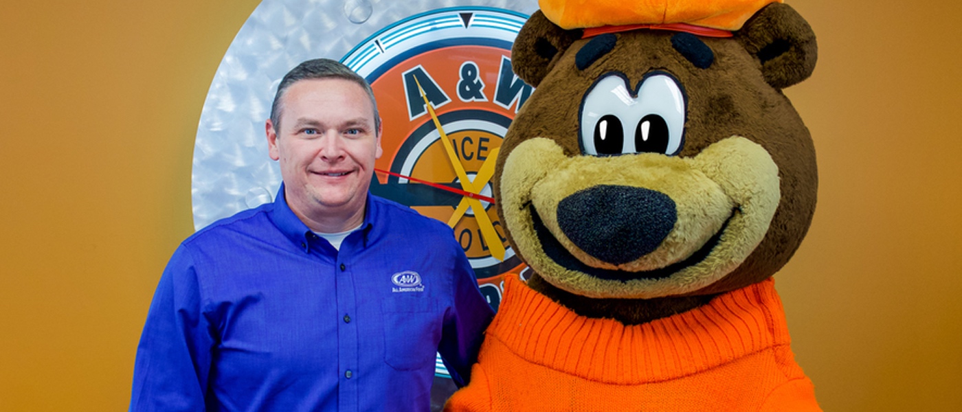 Randy Cordray and Rooty the Great Root Bear